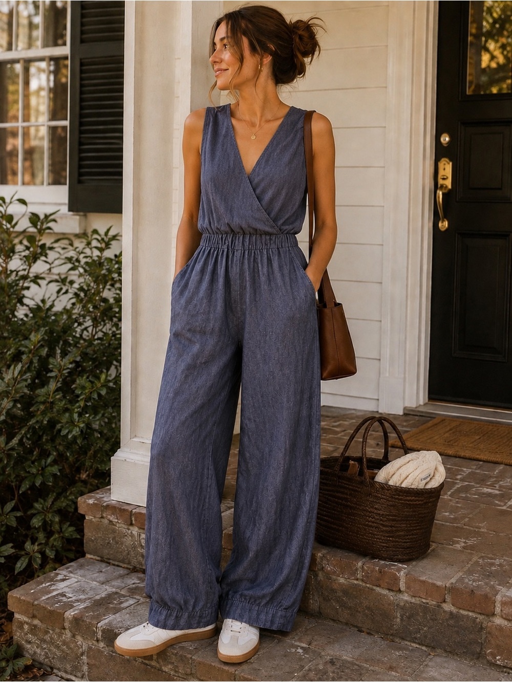 Nicole Miller 100% Linen Blue Gray Wide Leg Romper Jumpsuit Size L